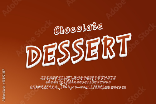 Sweet chocolate 3d italic cartoon font brown colors. Vector uppercase and lowercase alphabet letters, numbers, symbols