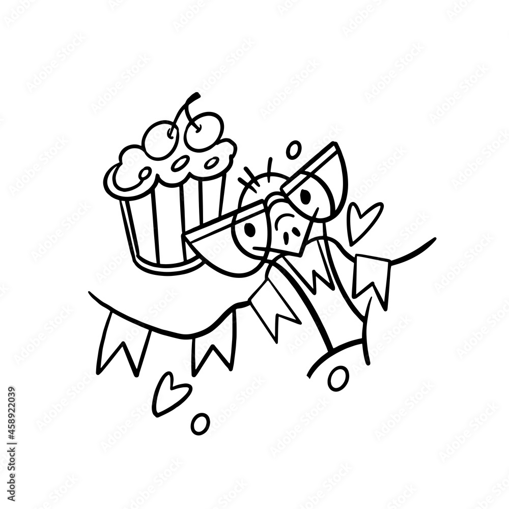 Cute ostrich hand drawn contour vector illustration for design. Adorable character on party for posters. T-shirt design concept for lettering and printing.