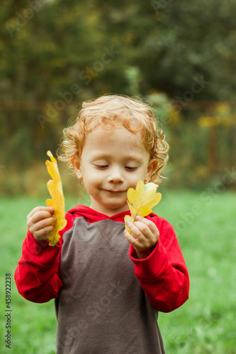 Autumn leaves in hand of little boy