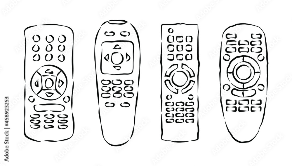Hand remote control. Multimedia panel with shift buttons. Four types device. Wireless console. Sketch of universal electronic controller. Hand drawn illustration on white background in engraving style