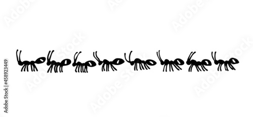 A marching formation of domestic ants. Insect pests. For a frame or border. Vector illustration with contour lines in black ink isolated on a white background in the style of doodle and hand drawn.