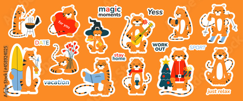 Sticker set with cartoon tigers. New Year 2022. Isolated flat illustrations of smiling characters. Cute clip art for planner diary scrapbook organizer. Stickers. Seasons sport love hobbies holidays.
