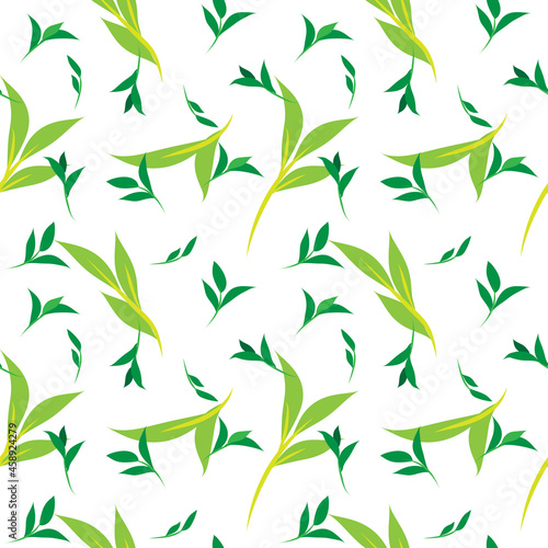 Floral seamless leaf pattern. Light and dark green leaves and sprouts. Illustrated background. Vector. Print for textile or web