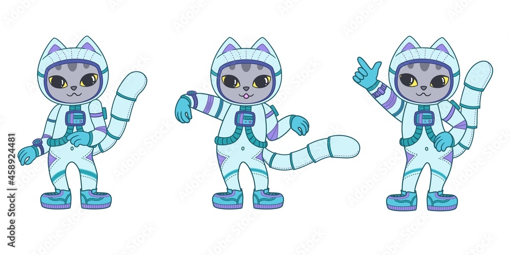Collection of cute dancing cats in a spacesuits. Astronaut kitten. Vector illustration isolated on white background
