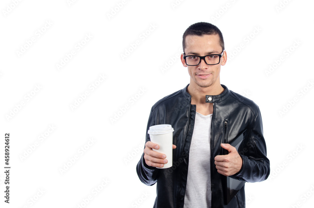 Sexy guy with a laptop. White background. Sexy guy with a laptop. White background.