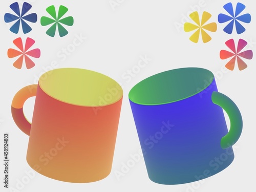 2つのマグカップと花の3d illustration photo