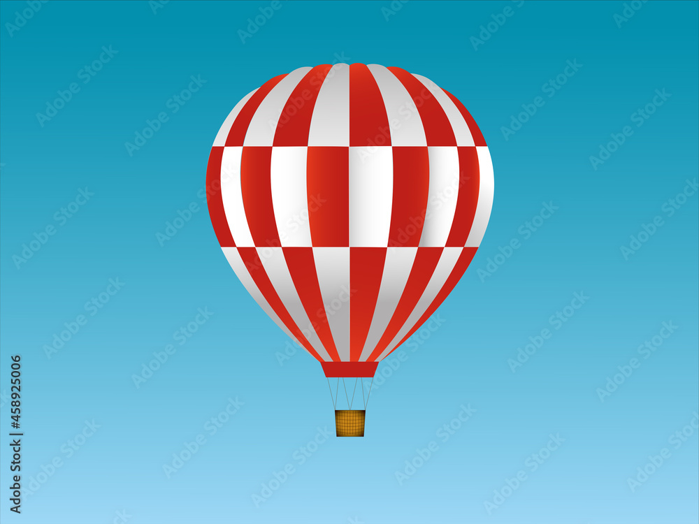 Obraz premium Illustration eines gestreiften Heißluftballons in den Farben Weiß und Rot. Hintergrund blau.