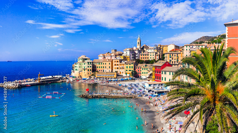 Most colorful coastal towns near Genova - beautiful Bogliasco village in Liguria with nice beach. Italy summer destinations - obrazy, fototapety, plakaty 