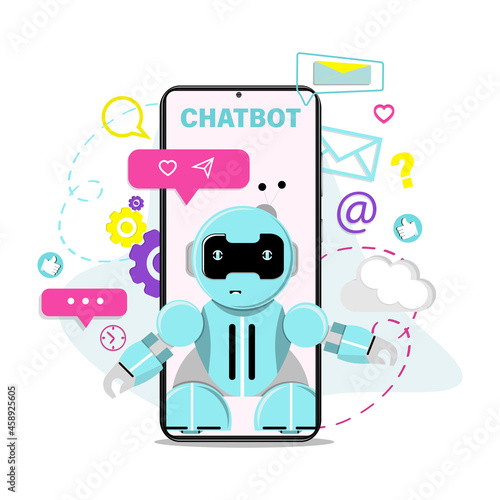 Chatbot robot virtual assistant. Concept for website or mobile application, artificial intelligence.  Flat vector illustration.