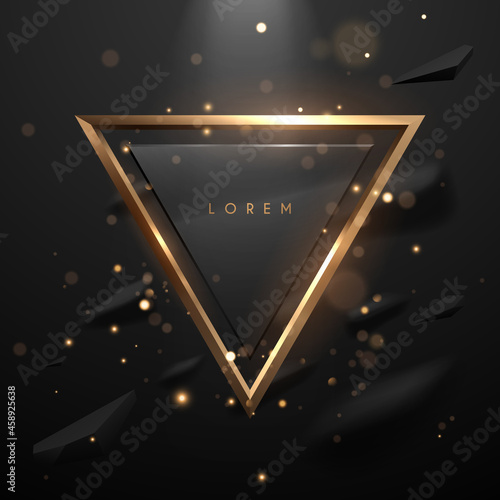 Abstract black and gold triangle frame template with light effect