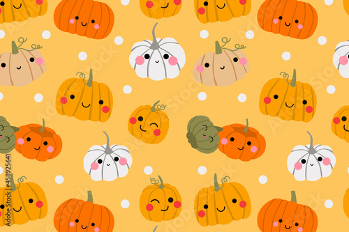 Pumpkin autumn fall thanksgiving seamless pattern. Cute kawaii pattern background. 