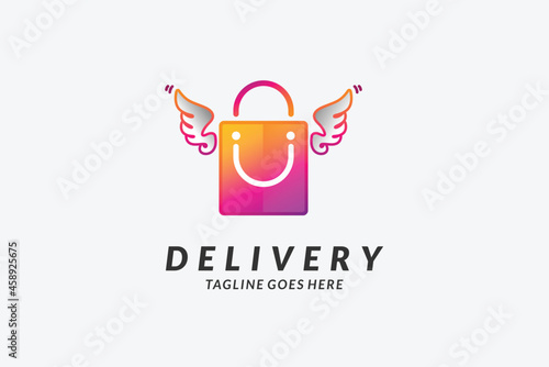 delivery logo design, flying shopping bag with wing and smiley face cargo shipping drop ship vector graphic logo design illustration