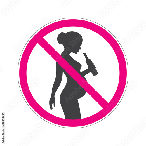 Vector symbol. Silhouette of a pregnant woman drinking alcohol in a crossed out wheel. Isolated on white background.