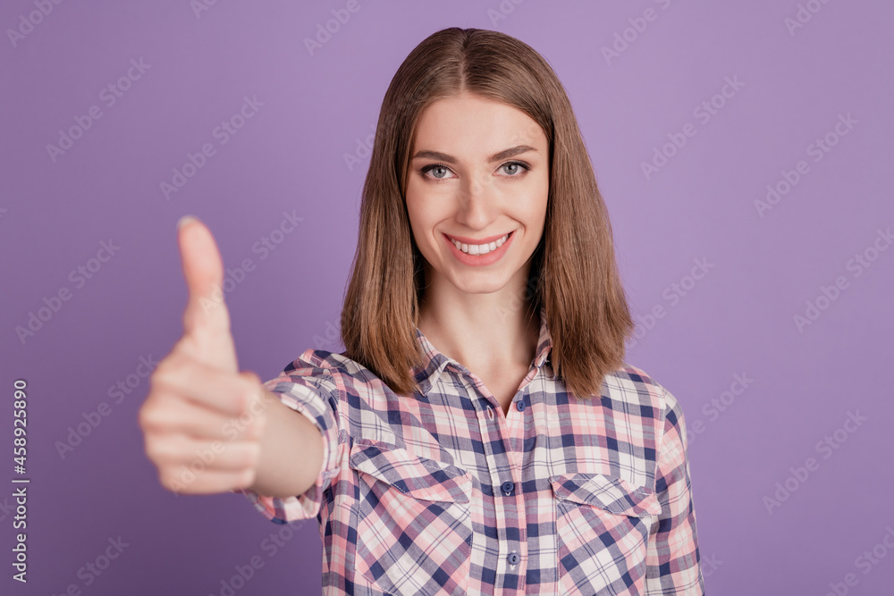 Pretty attractive lady show thumb-up recommend excellent solution fine perfect isolated over violet color background Pretty attractive lady show thumb-up recommend excellent solution fine perfect isolated over violet color background