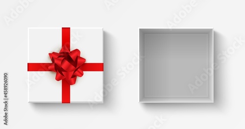 Gift open box top view. Celebration prize square box with red bow. Vector realistic birthday decoration
