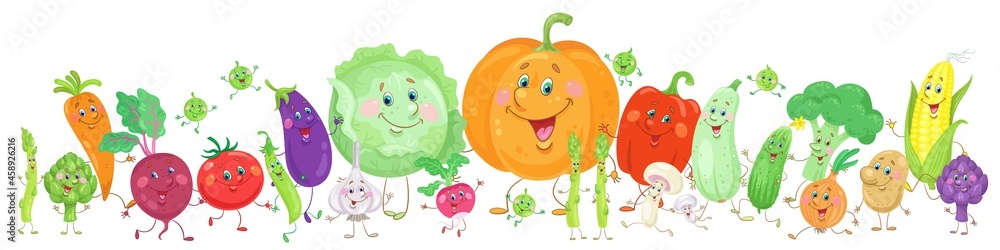 Big set of funny colorful vegetables. Banner in cartoon style. Isolated on white background. Vector flat illustration. Big set of funny colorful vegetables. Banner in cartoon style. Isolated on white background. Vector flat illustration.