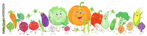 Big set of funny colorful vegetables. Banner in cartoon style. Isolated on white background. Vector flat illustration.