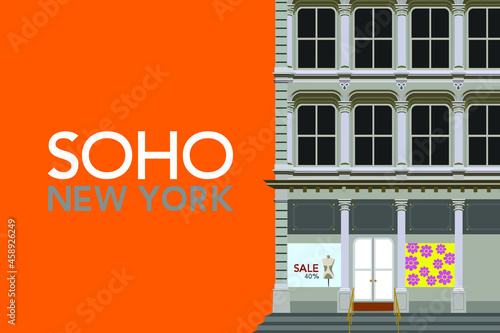 Women's clothing store with window: 40% Sale. Building with cast iron facade typical of the Soho district of southern Manhattan, New York with fire escape. Space for text. EPS vector illustration.