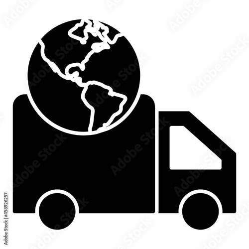 Globe on cargo truck, solid design of global delivery