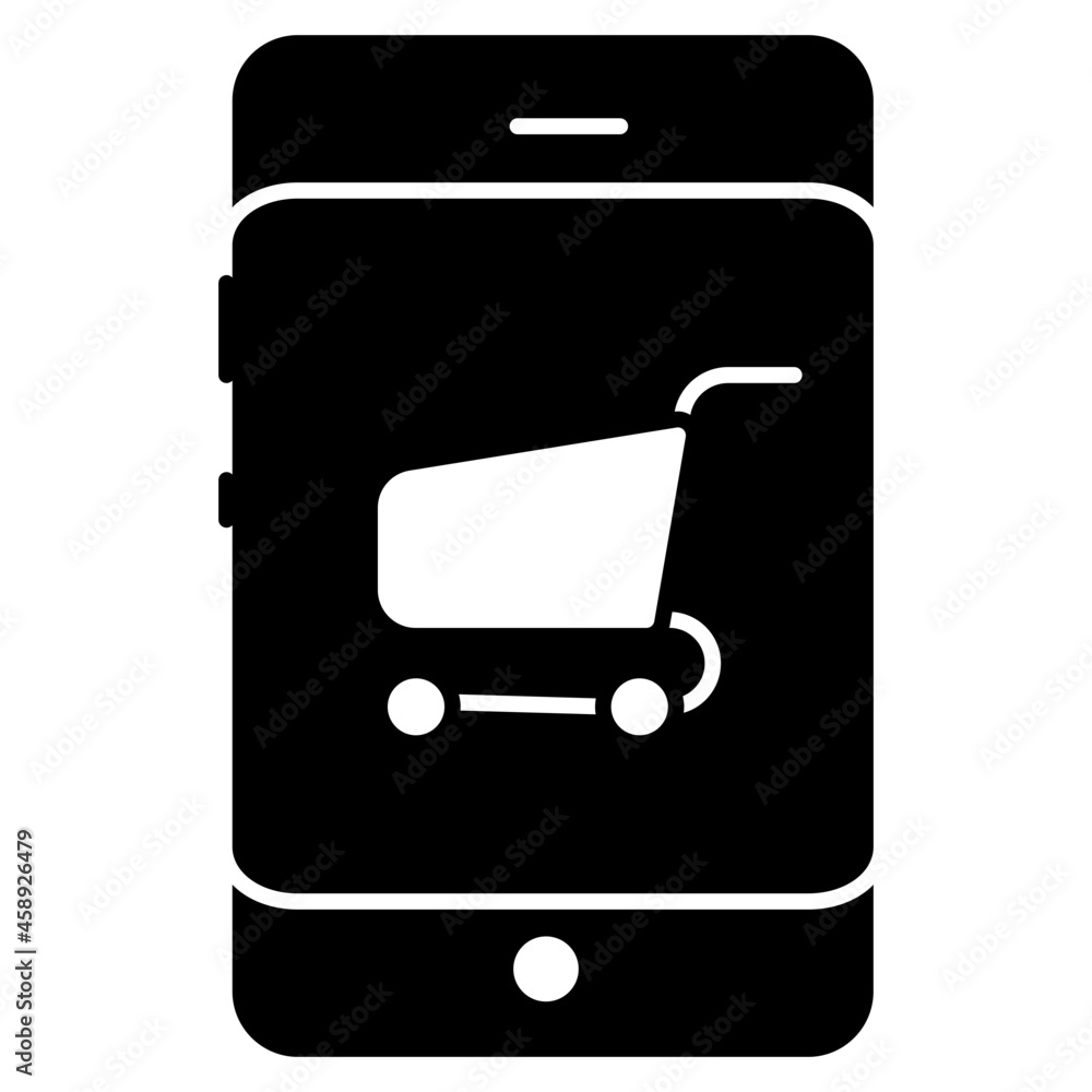 Icon of mobile shopping, handcart inside smartphone Icon of mobile shopping, handcart inside smartphone