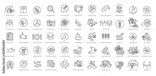 Web Set of Nutrition, Healthy food and Detox Diet Vector Thin Line Icons