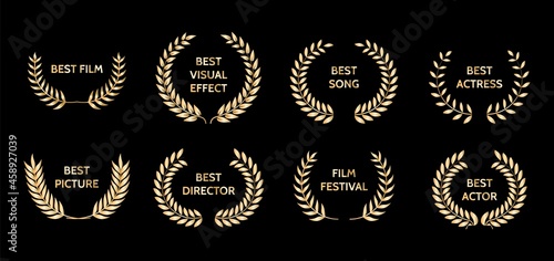 Gold film awards. Golden award wreaths. Vector illustration