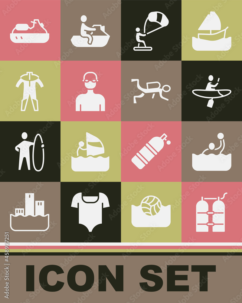Set Aqualung, Water polo, Kayak and paddle, Kitesurfing, Swimmer, Wetsuit for scuba diving, Jet ski and Scuba diver icon. Vector Set Aqualung, Water polo, Kayak and paddle, Kitesurfing, Swimmer, Wetsuit for scuba diving, Jet ski and Scuba diver icon. Vector