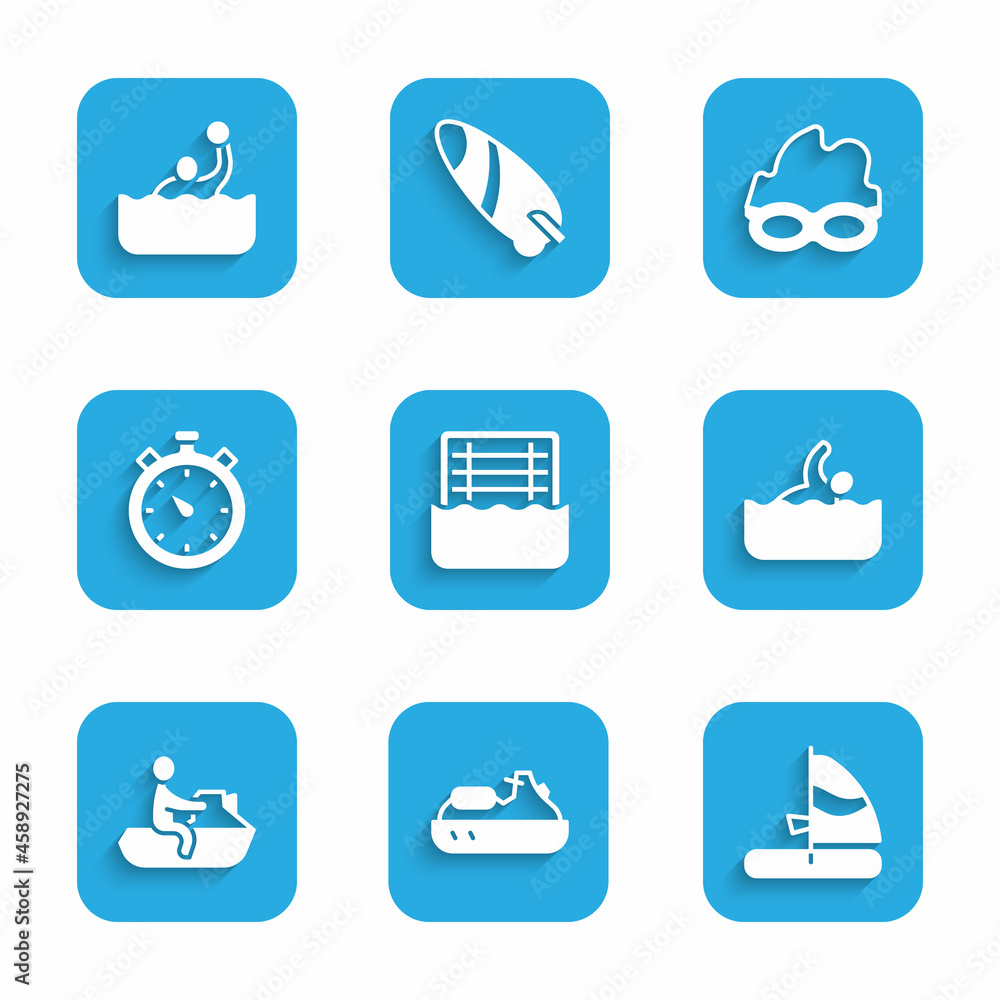 Set Water polo, Jet ski, Windsurfing, Swimmer, Stopwatch, Glasses for swimming and icon. Vector Set Water polo, Jet ski, Windsurfing, Swimmer, Stopwatch, Glasses for swimming and icon. Vector