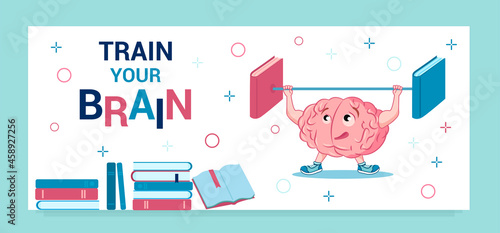 Brain training. The brain lifts a barbell with books. The text - Train your brain. Web banner or landing page vector template.