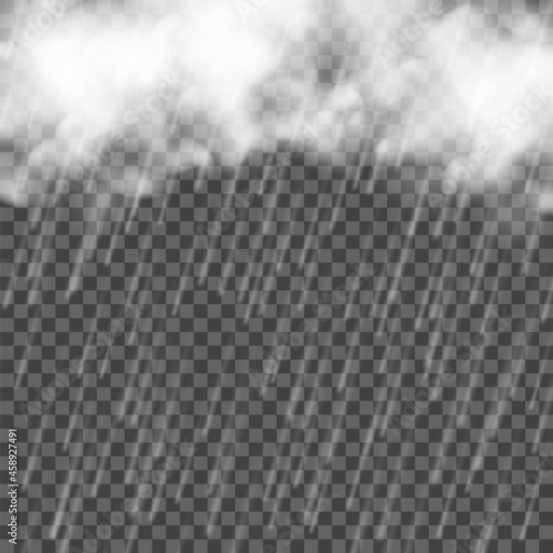 Rain with clouds. Falling water drops. Vector realistic storm on transarent background