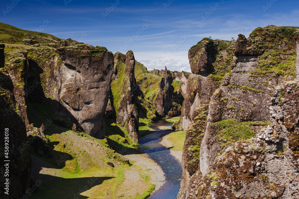 Fjadrargljufur canyon with river and big rocks. South Iceland