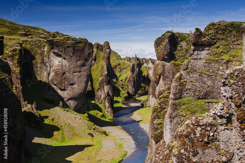 Fjadrargljufur canyon with river and big rocks. South Iceland