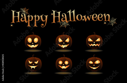Set of Halloween pumpkins. Realistic pumpkin jack lantern. Halloween pumpkin set with slit eyes, mouth and nose. Happy Halloween lettering is decorated. Isolated pumpkins on a black background.