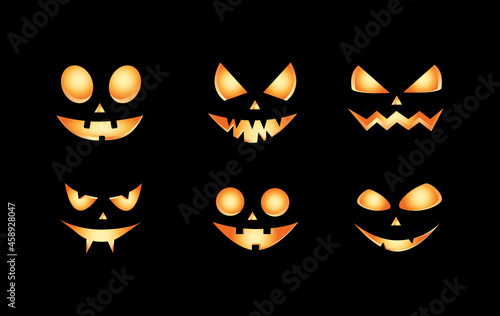 Jack lantern pumpkin faces glowing on black background. Halloween Pumpkin Faces. Vector