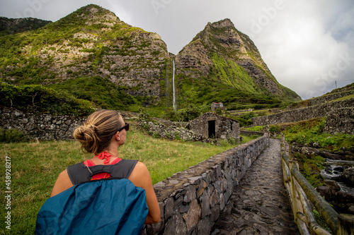 Waterfall in the green, nature, landscape, Azores traveling.