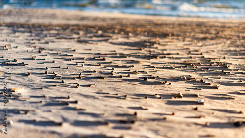 The shadows of stones on the beach.