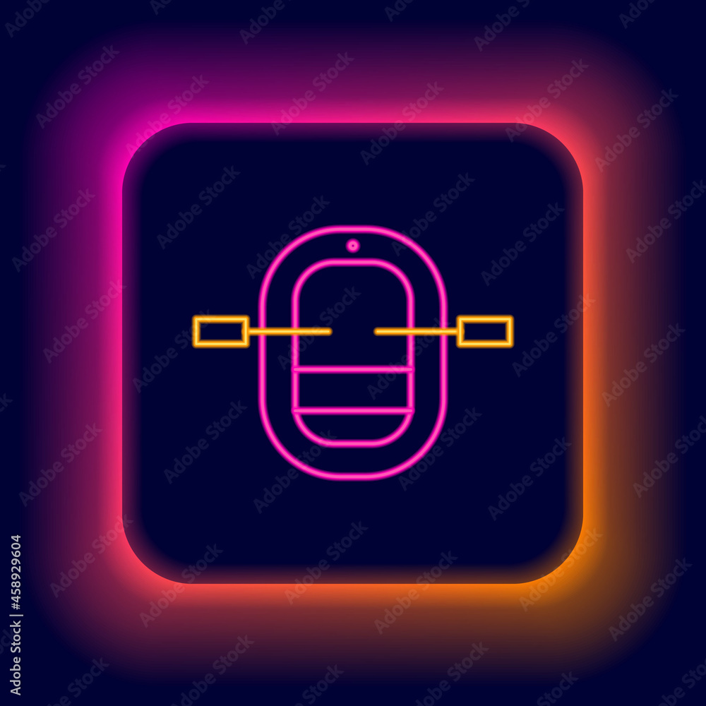 Glowing neon line Rafting boat icon isolated on black background. Inflatable boat with paddles. Water sports, extreme sports, holiday, vacation. Colorful outline concept. Vector Glowing neon line Rafting boat icon isolated on black background. Inflatable boat with paddles. Water sports, extreme sports, holiday, vacation. Colorful outline concept. Vector