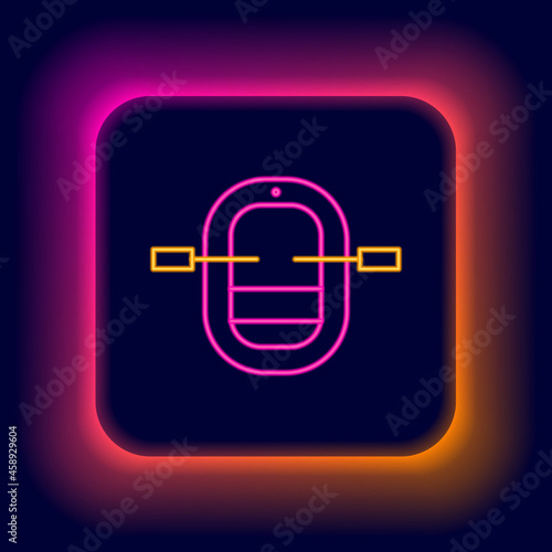 Glowing neon line Rafting boat icon isolated on black background. Inflatable boat with paddles. Water sports, extreme sports, holiday, vacation. Colorful outline concept. Vector