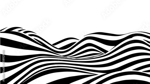 Black and white abstract wave with distortion effect. Optical illusion. Twisted vector illustration.