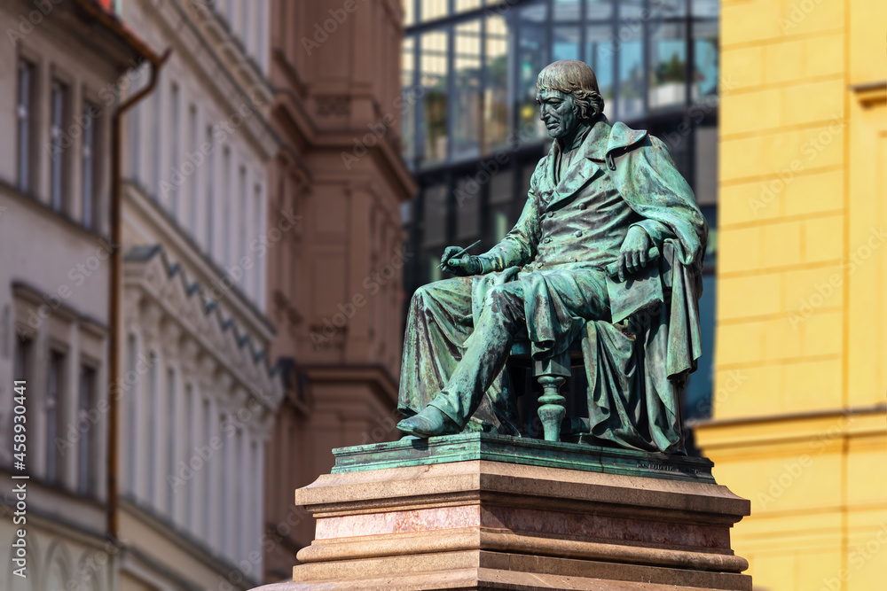 Obraz premium The statue of Josef Jungmann, Czech poet and linguist, on Jungmann Square in Prague, Czech Republic