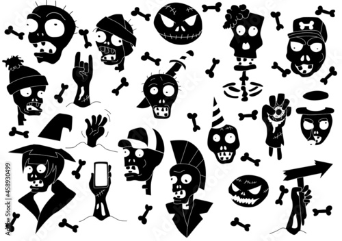 Set of vector illustrations with graphic design elements on the theme of Halloween. Zombies and zombie hands. Black on white background