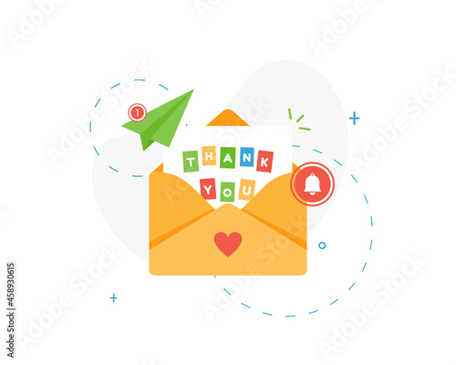Letter in an envelope with thanks or thank you on white background icon. Send to email, mail. Colorful. Flat design