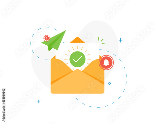 Open envelope with document and round green check mark for email marketing. Confirmation letter in flat design isolated white background