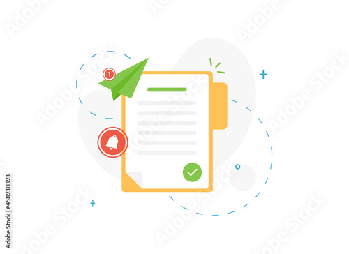 A signed or confirmed document in an open folder with a check mark. Flat design