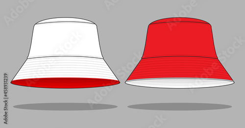 Reversible Bucket Hat With White-Red Design on Gray Background, Vector File photo