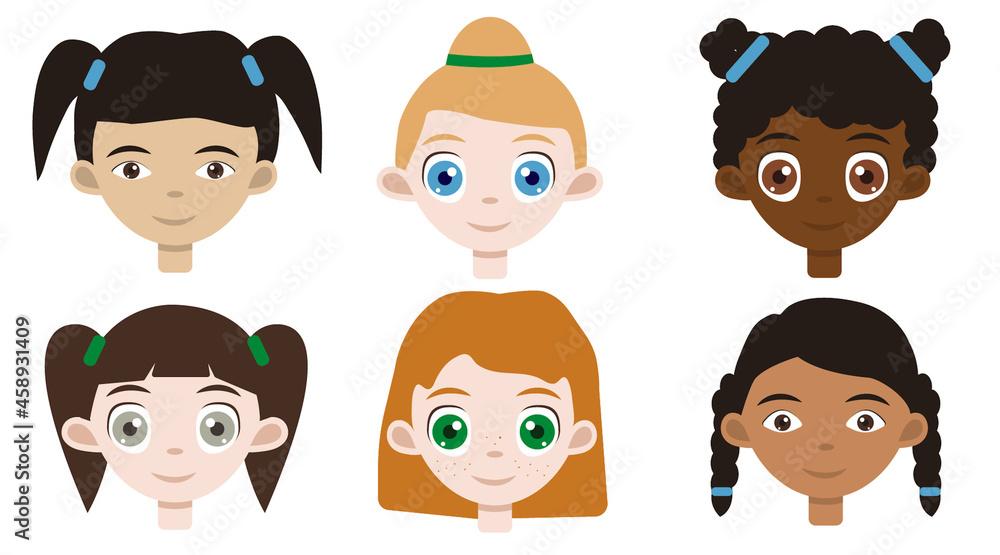 Set of national kids portraits with smiling faces. Cute asian girl, nice irish red hair, adorable african toddler, closeup american daughter, blond scandinavian little female and indian small baby. Set of national kids portraits with smiling faces. Cute asian girl, nice irish red hair, adorable african toddler, closeup american daughter, blond scandinavian little female and indian small baby.