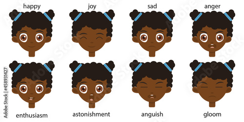 Black girl portraits collection of different happy and sad emotions on a toddler face. Cute female baby with brown eyes stickers