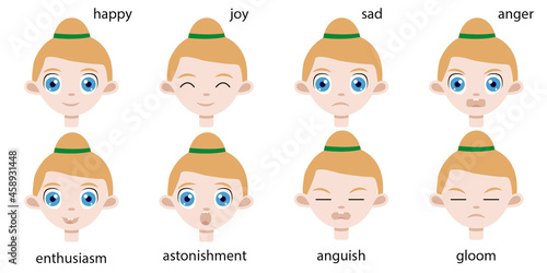 White blond baby girl portraits collection of different happy and sad emotions on a toddler face for avatar. Cute little woman set with brown eyes.