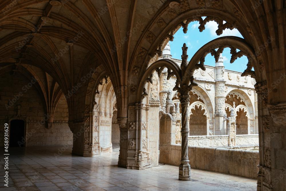 The gothic cloister of the Jeronimos Monastery In Lisbon, Portugal