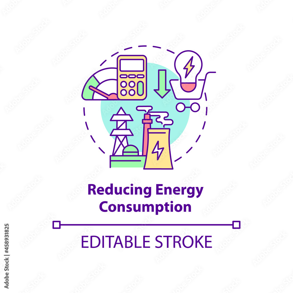 Reducing energy consumption concept icon. Common initiative abstract idea thin line illustration. Lowering carbon emissions. Energy conservation. Vector isolated outline color drawing. Editable stroke Reducing energy consumption concept icon. Common initiative abstract idea thin line illustration. Lowering carbon emissions. Energy conservation. Vector isolated outline color drawing. Editable stroke